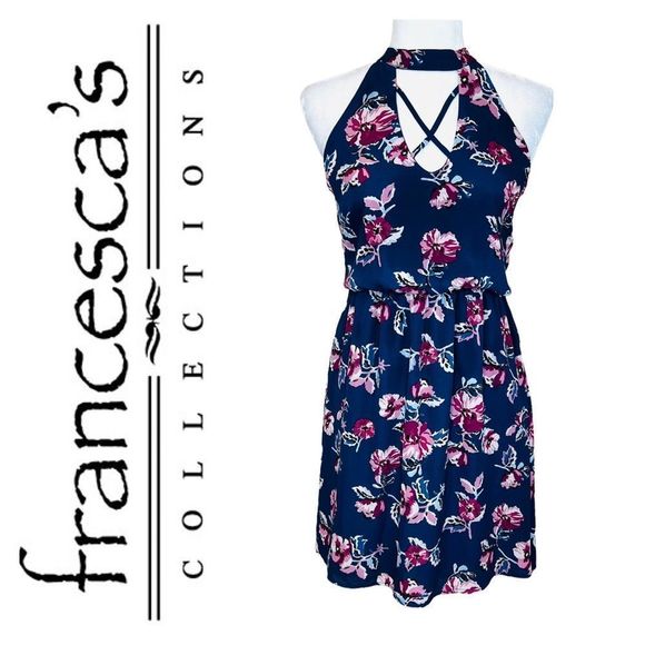 FRANCESCA'S COLLECTIONS NWT Blue Rain Navy Floral Cinched Waist Dress M - Picture 1 of 8